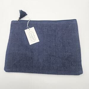 Mud Pie Navy Blue Natural Jute Carry All Case Tassle Zipper 9.5"×12" Boho Coast